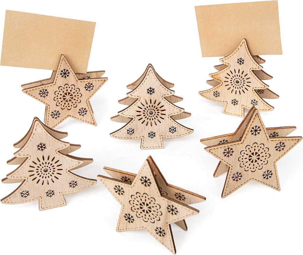 6 Tischkartenhalter Sterne und Bäume aus Holz, ca. 9 x 9 cm