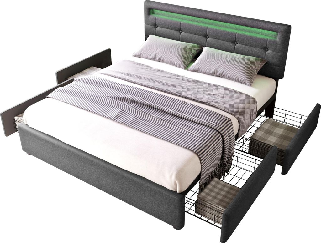 Bettgestell mit LED-Beleuchtung und 4 Schubladen, Doppelbett Polsterbett 140x200cm, Höhenverstellbarem Kopfteil, Lattenrost aus Holz,(Ohne Matratze)