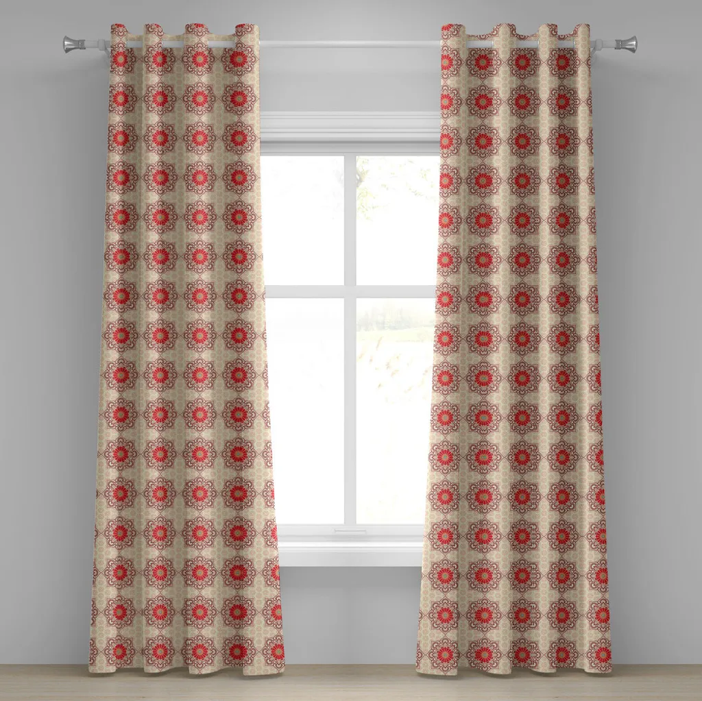 ABAKUHAUS Tenda etnica con occhielli, composizione floreale ispirata al mandala tribale su sfondo dai colori tenui, tende decorative a 2 pannelli per finestre, 280 cm x 225 cm, rubino beige corallo scuro