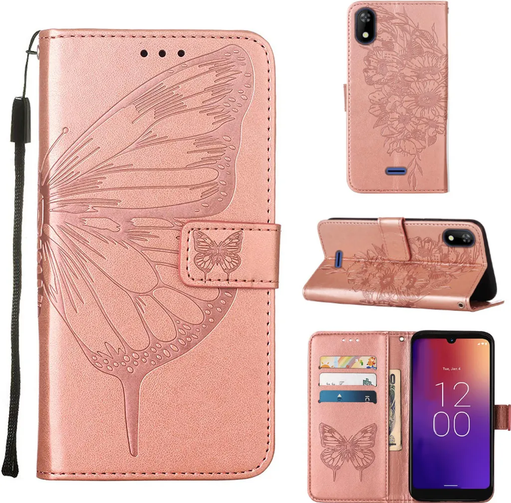 Moxee M2160 Case, Butterfly Relief Flip Custodia in pelle con tasca per carte e supporto per Moxee M2160 Rosa
