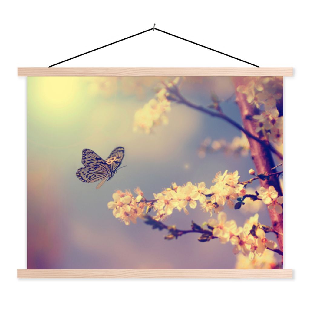 MuchoWow Textilposter Schmetterlinge - Blüte - Zweig - Baum 120x90 cm mit holzfarbenen Rahmen - Magnetisch