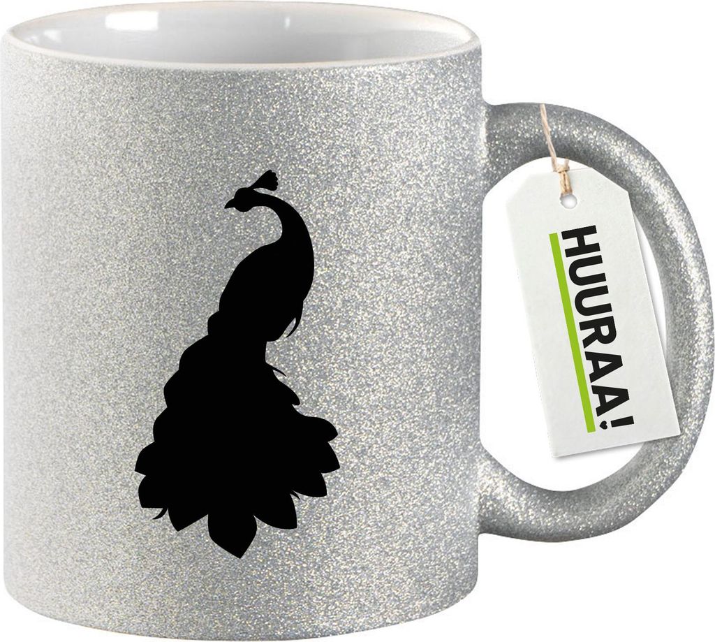 Huuraa Glitzertasse Pfau Silhouette 330ml Silber Keramik Kaffeebecher Geschenkidee