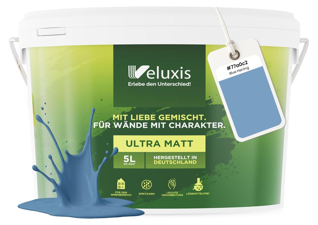 Wandfarbe Blau Hellblau Grau Matt Innenfarbe – Deckkraft Klasse 1, VOC-frei, Ohne Grundierung, Tropfarm – Wohnzimmer & Schlafzimmer – 5L – ...