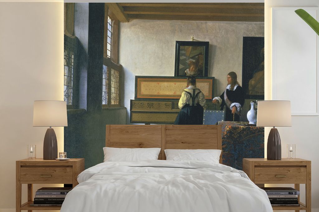 MuchoWow Fototapete für Wohnzimmer oder Schlafzimmer Wandtapete Vinyl Motivtapete Die Musikstunde - Johannes Vermeer - 220x220 cm - Tapeten