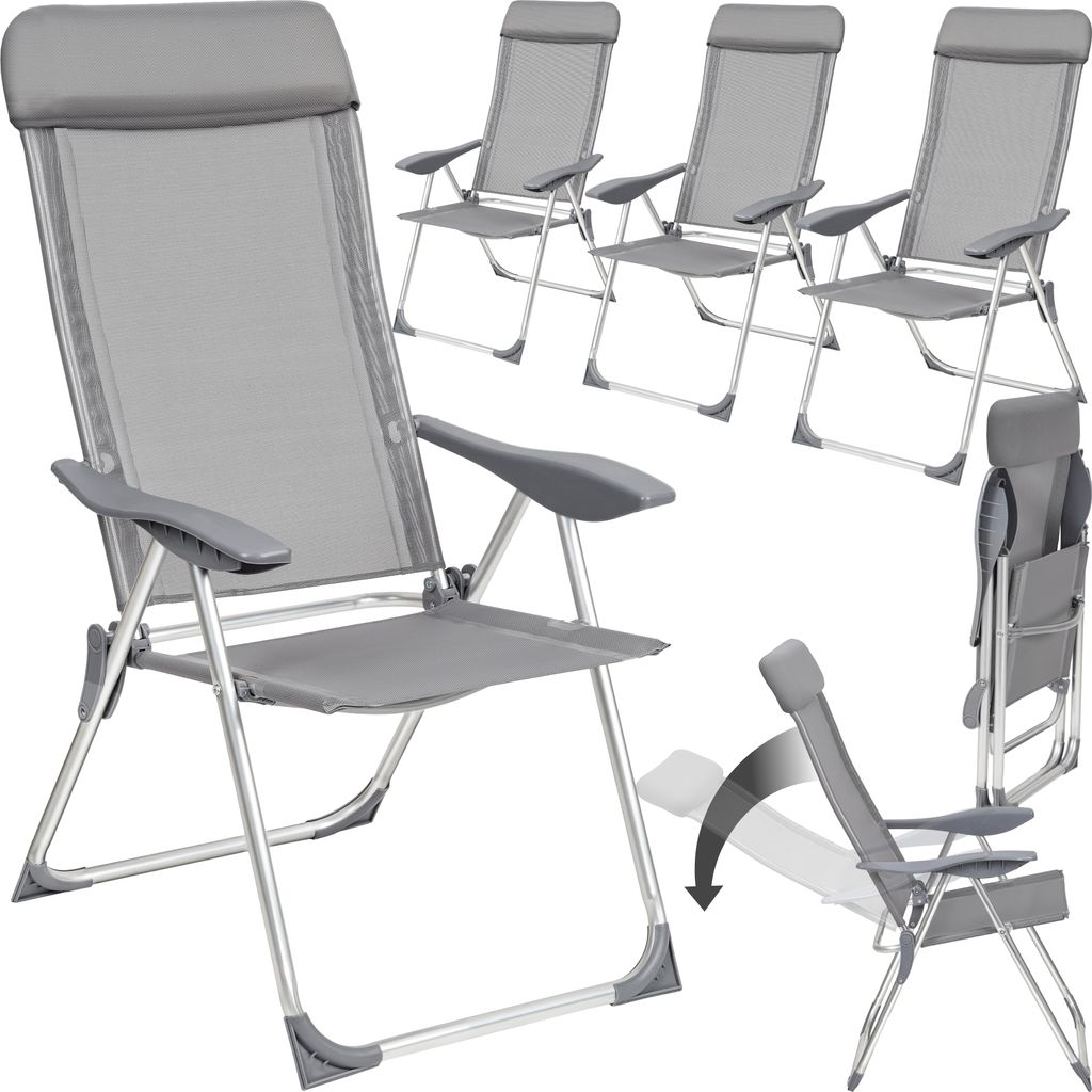 A collage of images showing multiple gray folding garden chairs, including one in a folded state and a diagram illustrating its folding mechanism.