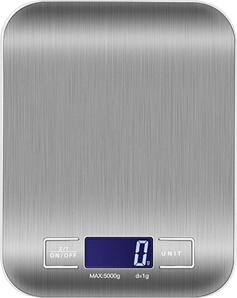 Präzise digitale Küchenwaage und Lebensmittelwaage zum Kochen, hintergrundbeleuchtetes LCD-Display, 5 kg / 1 g, Edelstahl (SILBER)