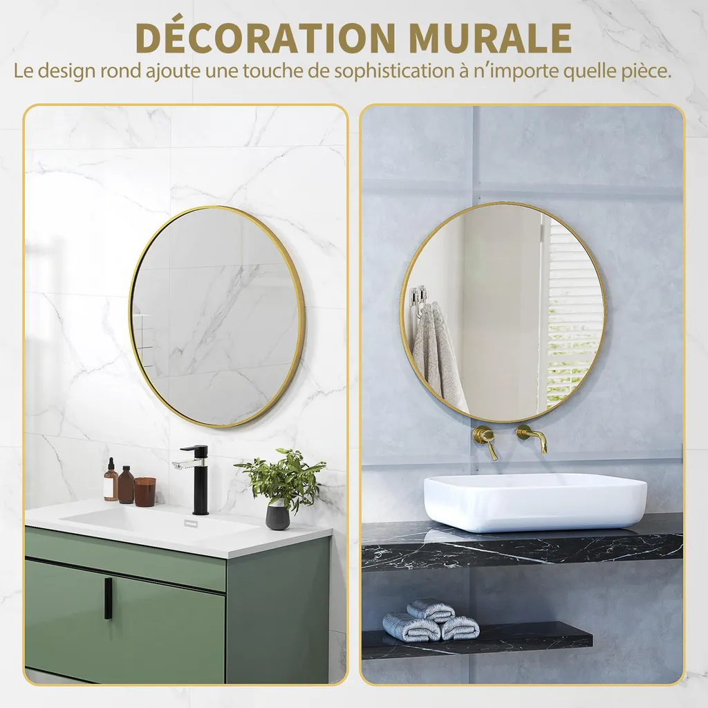 Miroir Mural Rond 70 cm Facile à Installer - Solution Déco Murale Or