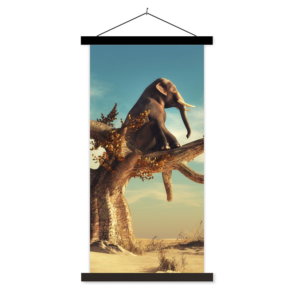 MuchoWow Textilposter Elefant - Baum - Natur - Wüste 90x180 cm mit schwarzem Rahmen - Dekoration Wohnzimmer