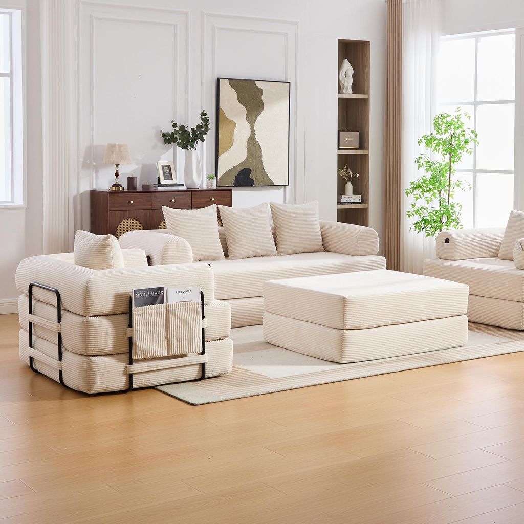 okwish Sofagarnitur Modulares Sofa Dreisitzersofa mit Hocker und Seitentasche Schlafsofa Zweisitzer bequemen Kissen Loungesofa mit stabilem Metallr...