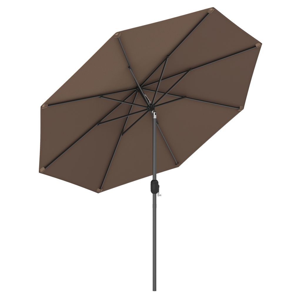 A brown patio umbrella is shown against a white background.