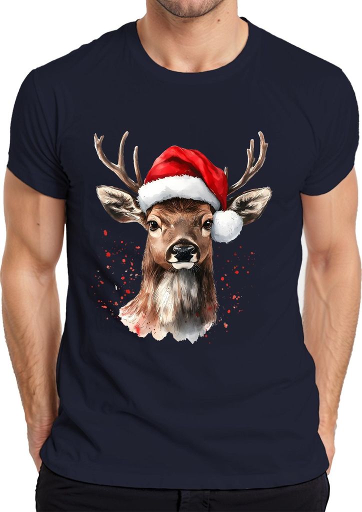 Rentier Santa Hut Weihnachten Aquarell Splatter Geschenk Retro Herren T-Shirt, Navy, S