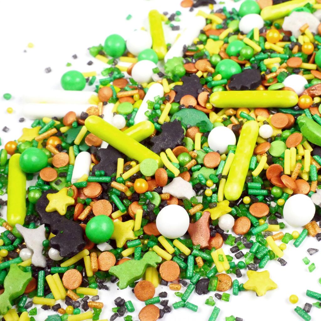 Streuselheld Jungle Dino 40g Dino Streuselmix in Grün, Schwarz, Weiß, Gelb und Kupfergold als essbare Streudeko für Tortendeko, Cupcakes und Geb...