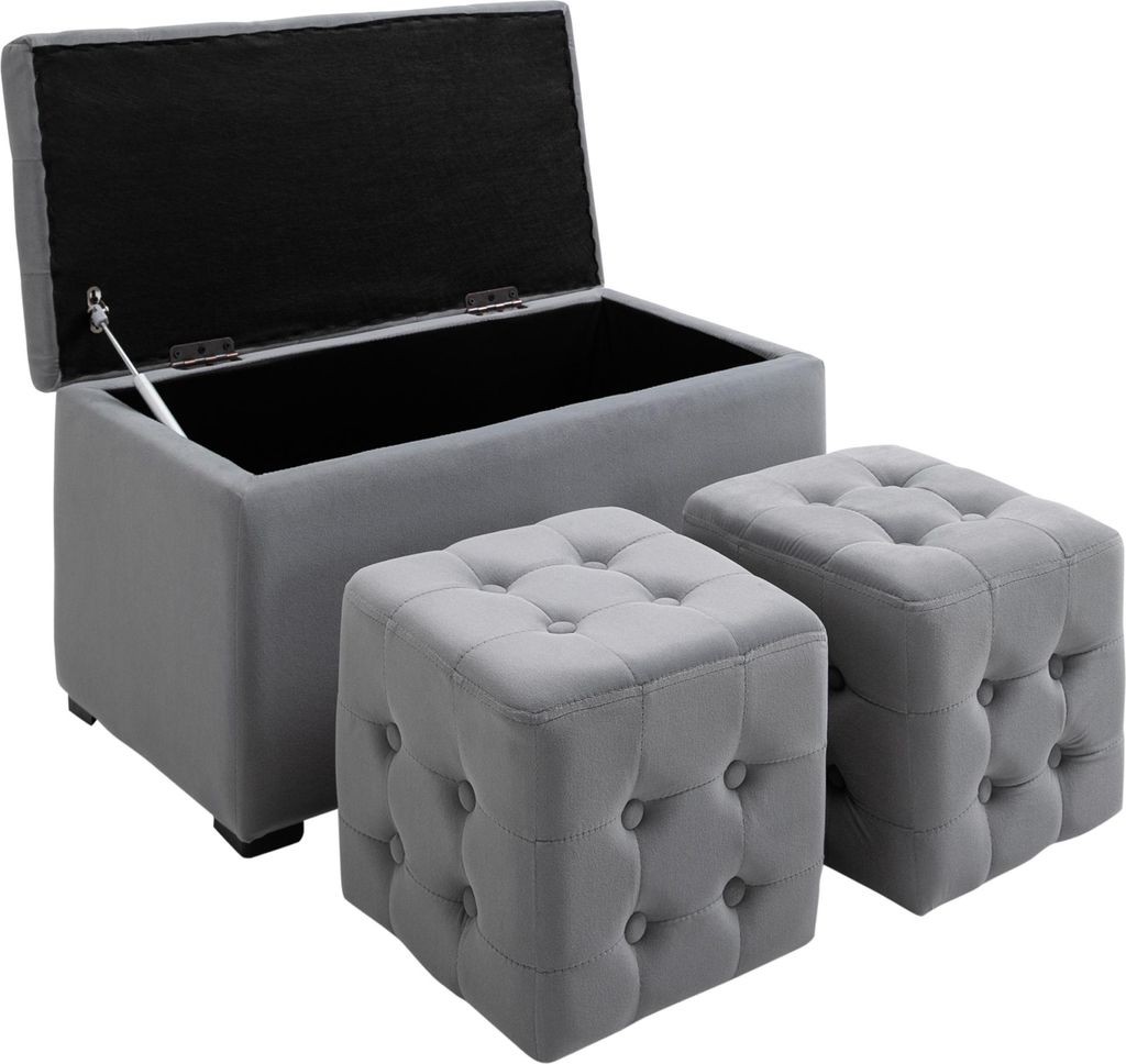 3-teiliges Set: 2 Sitzhocker, Polster-Sitztruhe & Fußhocker mit Stauraum, 130 kg belastbar, Hellgrau Mikrofaser