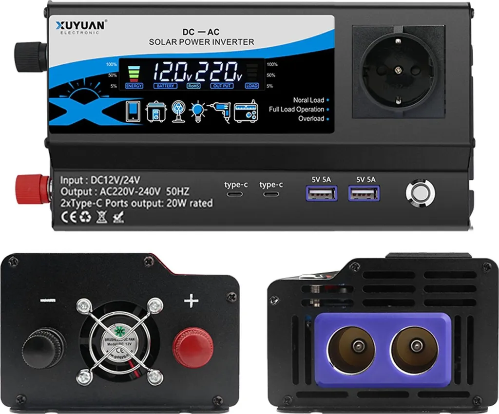 Convertisseur 12V 220V 1000W pour voiture et camion avec prise EU et USB