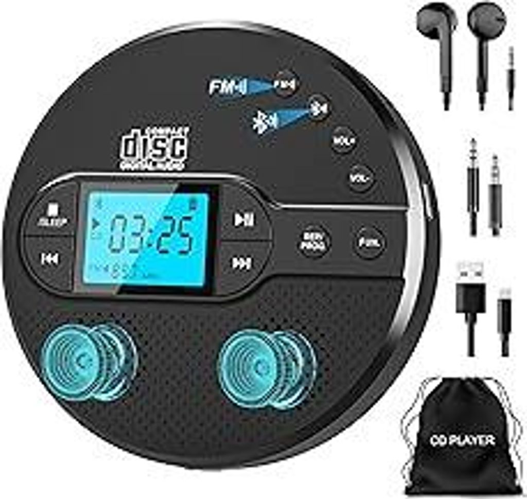 NEU 2025 Bluetooth CD Player Tragbar, Greadio Discman CD Player mit 2000mAh Wiederaufladbarer, Kompatibler FM-Transmitter, USB, AUX-Ausgang, CD Spi...