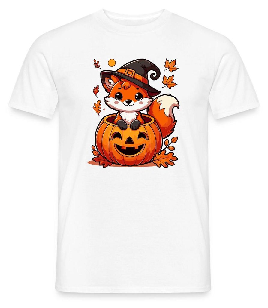 Spreadshirt Süßer Halloween Fuchs Im Kürbis Mit Hexenhut Männer T-Shirt, L, Weiß