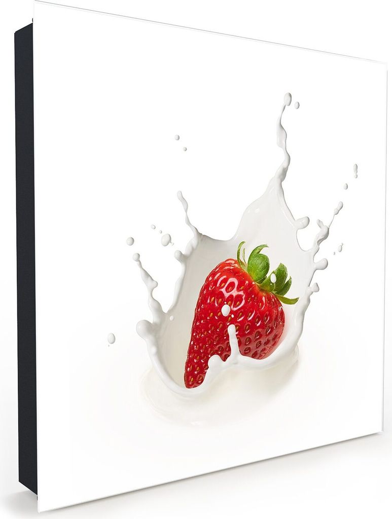Nachbildung-Schlüsselkasten, Magnetpinnwand und Memoboard mit Glasfront Motiv Erdbeere fällt in Milch