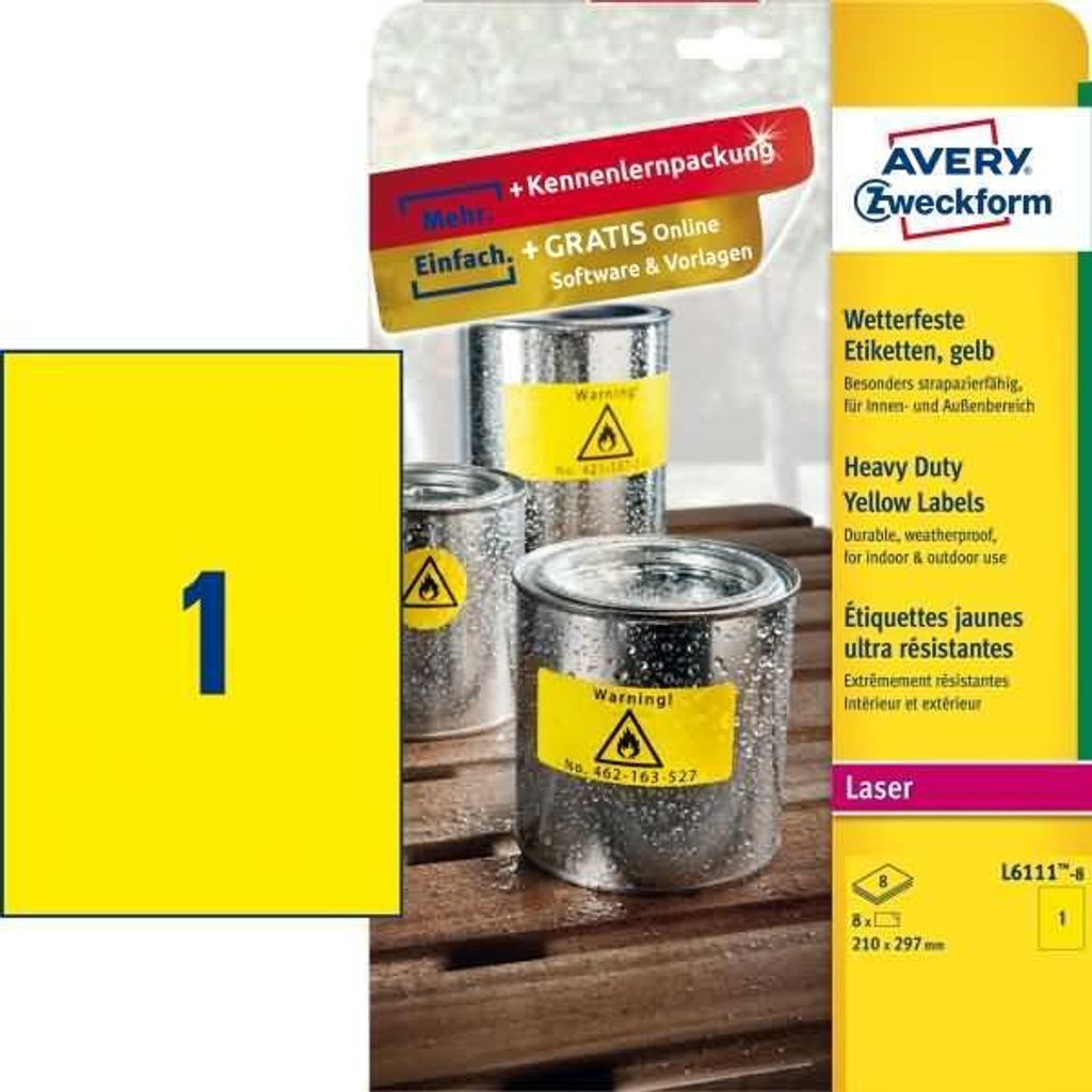 AVERY Zweckform L6111-8 Wetterfeste Folienetiketten (210x297 mm auf DIN A4, extrem stark selbstklebend, wasserfest, bedruckbare Outdoor Klebefolie)...
