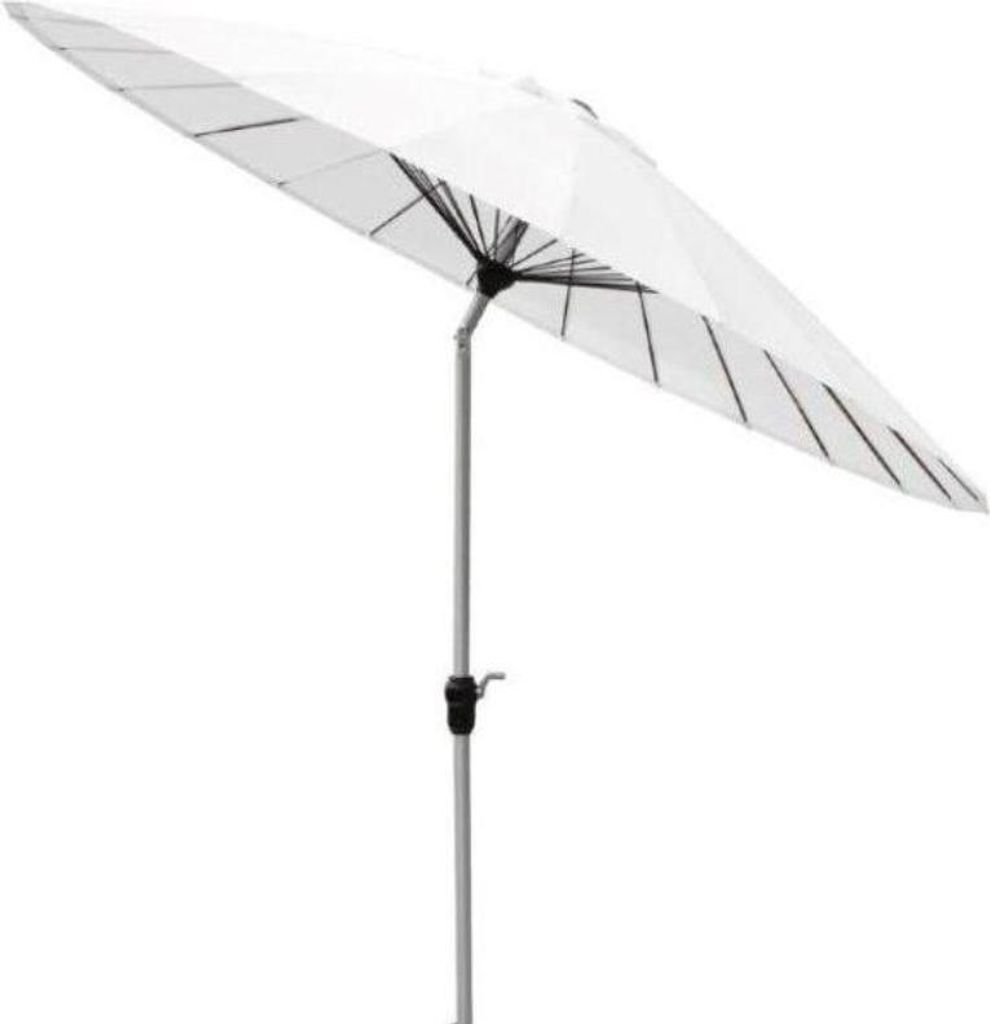 A white patio umbrella is shown against a white background.