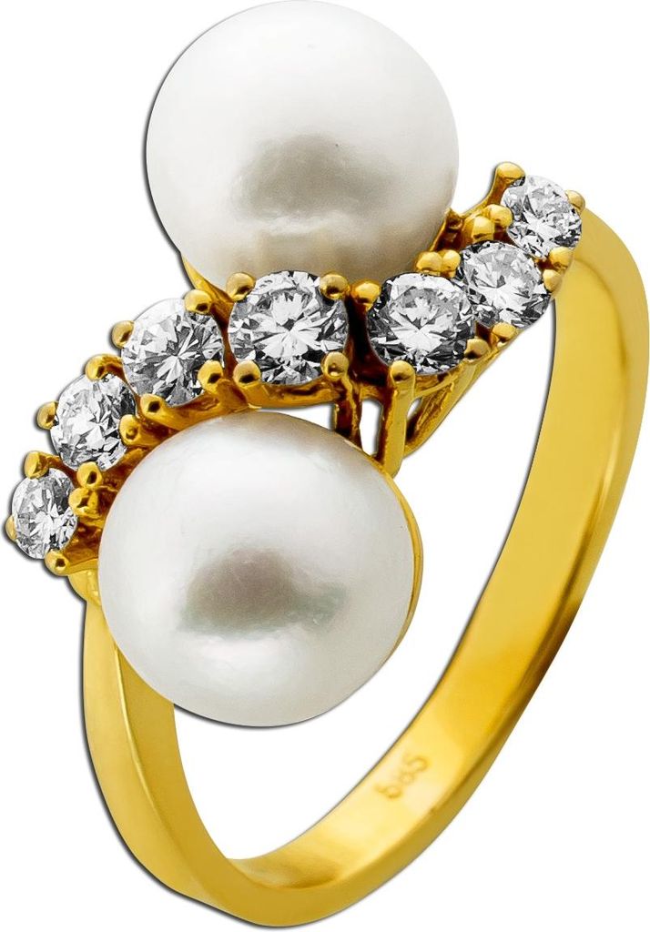 Perlenring Gold 585 14K Brillanten 0.35ct. Akoyaperlen 8.1mm 18