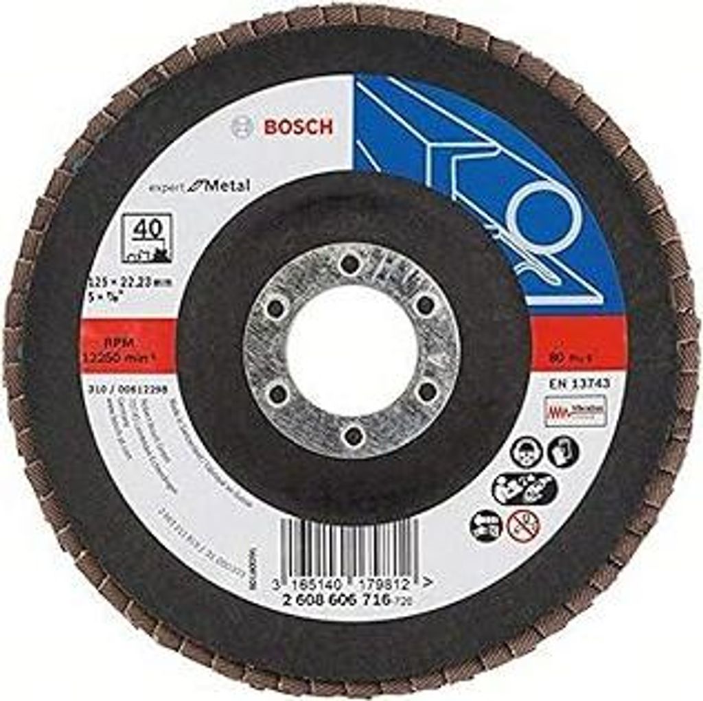 Bosch Professional DIY Fächerschleifscheibe (für Winkelschleifer verschiedene Materialien, bombierte Ausführung, Ø 125 mm, Körnung 40)