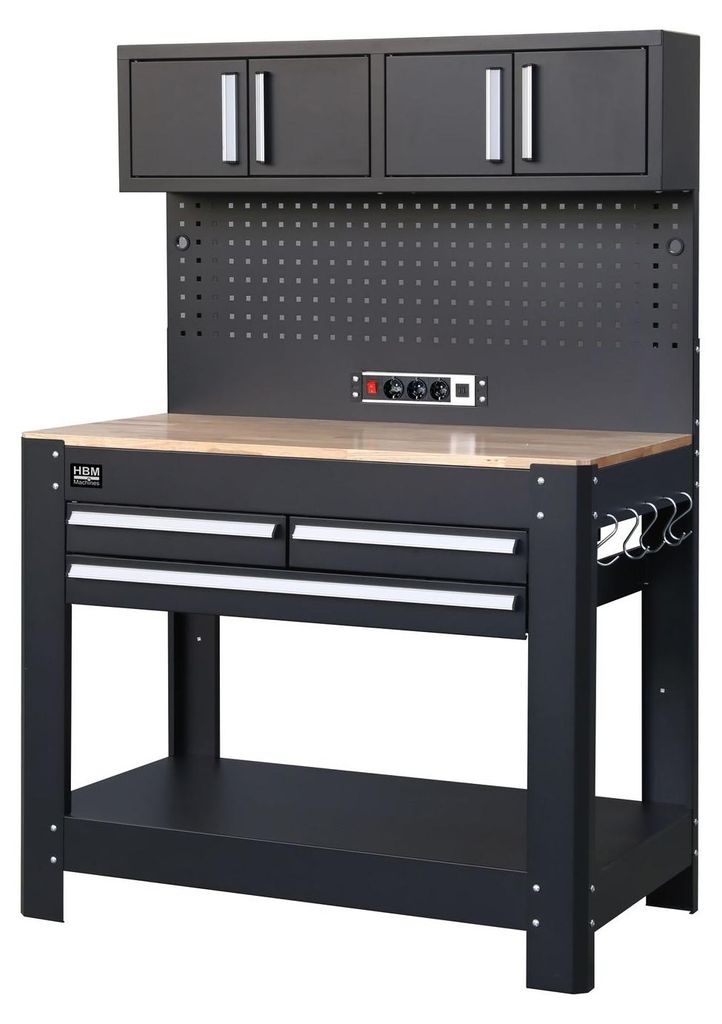 HBM Werkbank 114 cm mit 3 Schubladen, Schrankwand und Rückwand, schwarz