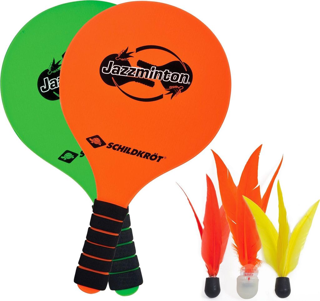 JAZZMINTON Set, 2 Schläger grün/orange+3 Birdies im Meshbag