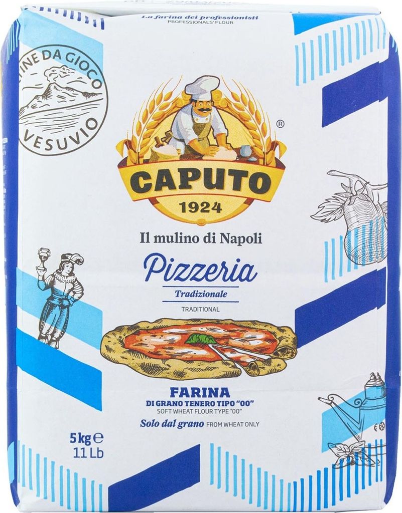 A bag of Caputo Pizzeria flour with illustrations of Mount Vesuvius, a baker, a pizza, and a teapot.