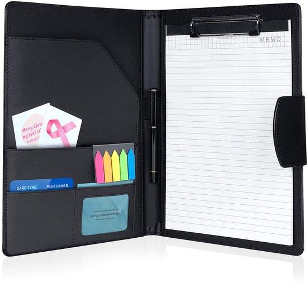 DIN-A4-Schreibmappe mit magnetischem Schloss, Notizenpapier und Stift, Schwarz
