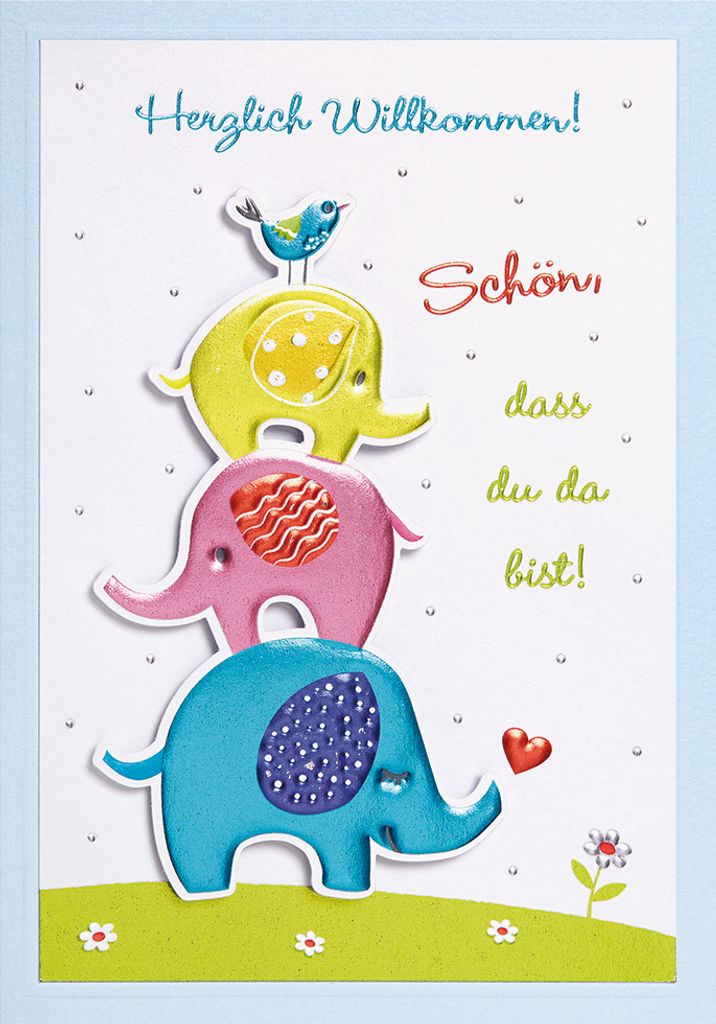 Geburt Baby Prisma Collection unverpackte Glückwunschkarte mit Briefumschlag bunte Elefanten Applikation Schön dass du da bist