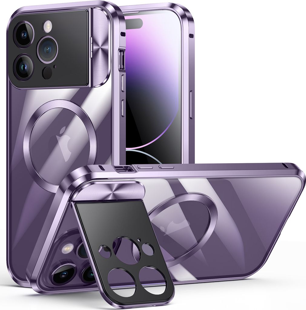 Handyhülle für iPhone 14 Pro MagSafe Hülle, Integrierter Kamera-Ringständer, Magnetische Adsorption Metallrahmen Schutzhülle Lila