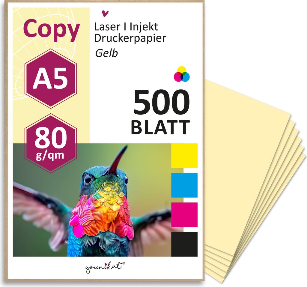 younikat DIN A5 Papier 80 g/m² I 500 Blatt in hell-gelb I Kopierpapier Blanko Rezeptpapier I dv1508