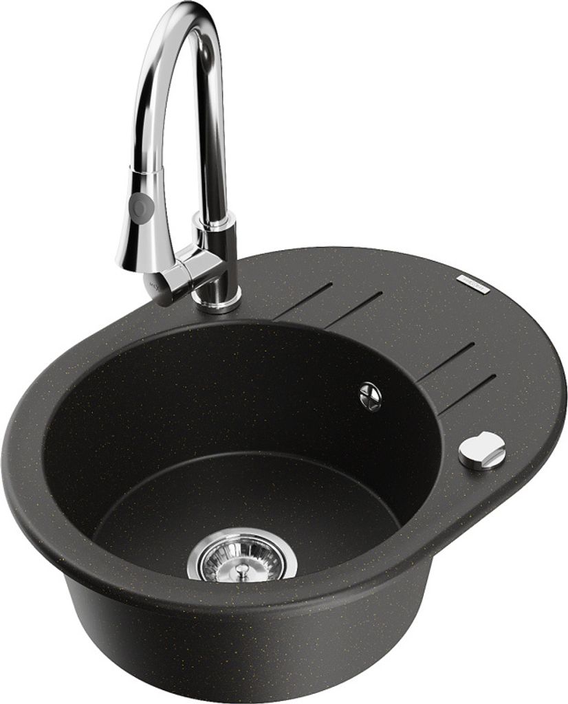 Mexen Kevin 1 Becken-Granitspüle mit Abtropffläche und Mischbatterie Elia, Schwarz/Gold metallisch - 6517-75-670101-00