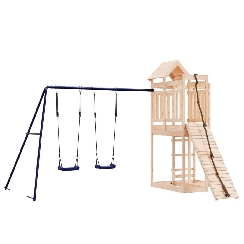 Spielturm aus Massivholz Kiefer für den Garten mit Kletterwand, Doppelschaukel, Sandkasten, 361x282x238 cm, Plattform 90 cm