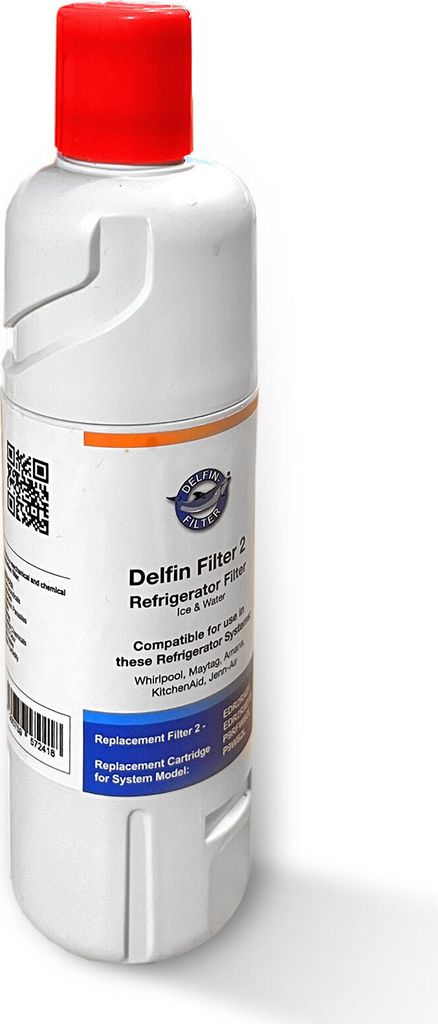 A white cylindrical refrigerator water filter with a red cap, set against a white background.