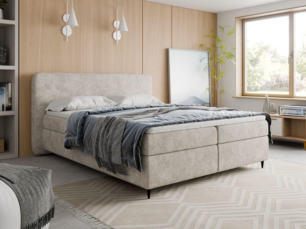 Boxspringbett 180x200 BOHO II Bouclé Beige inkl. Topper, 2 Matratzen & 2 Bettkästen | Hotelbett Polsterbett Design-Kopfteil & Lieferung in die Wo...