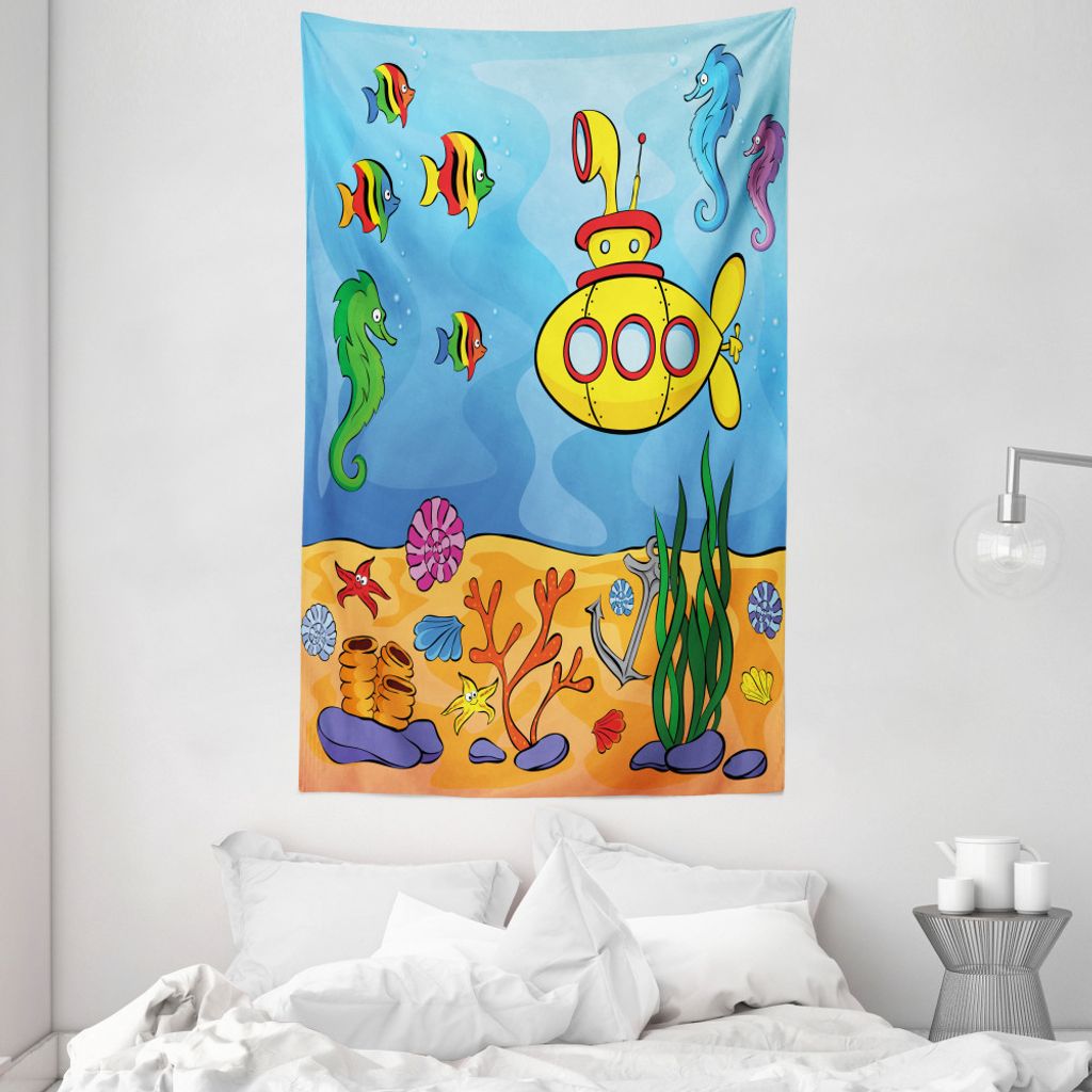 ABAKUHAUS Gelbes U-Boot Wandteppich und Tagesdecke, Submarine Seahorse aus Weiches Mikrofaser Stoff Waschbar ohne Verblassen Digitaldruck, 140 x 23...