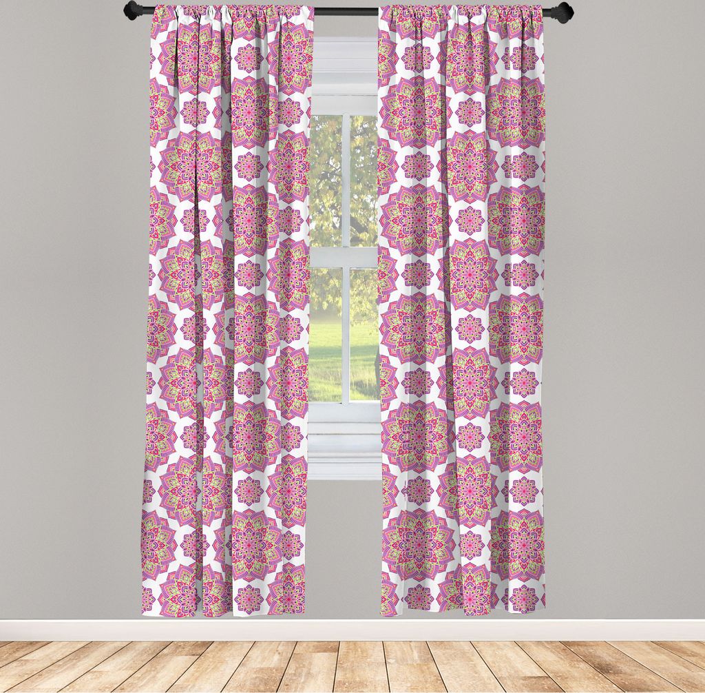 ABAKUHAUS lila Mandala Vorhänge, Gardinen, Shabby Chic-Lotus-Blumen-Art-Meditations-Essenz-Muster, 2 Stück 75 x 175 cm, , Lindgrün Fuchsienfarben