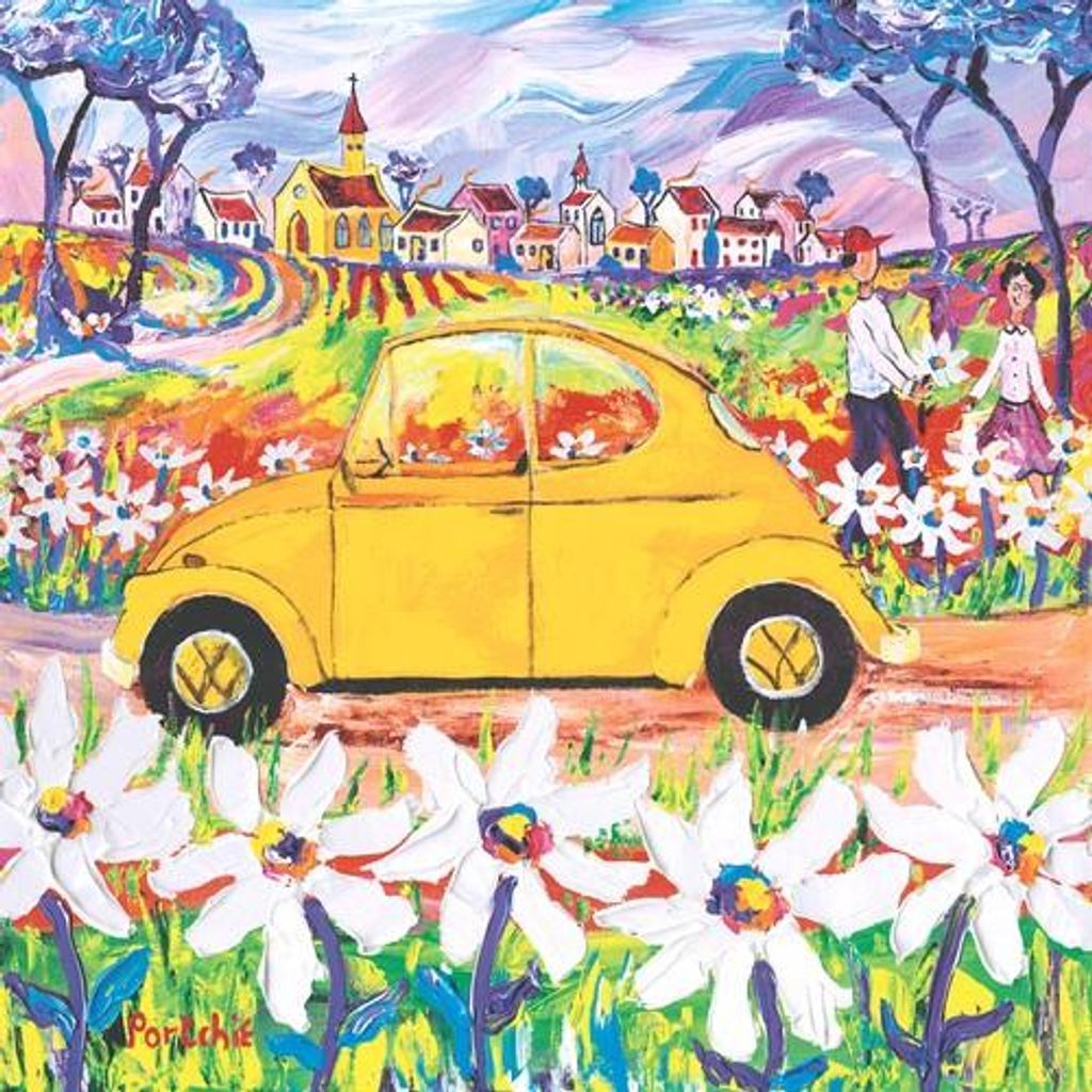 20 Servietten Portchie Art The yellow Beetle - Gelbes Auto an Blumenweg 33x33cm
