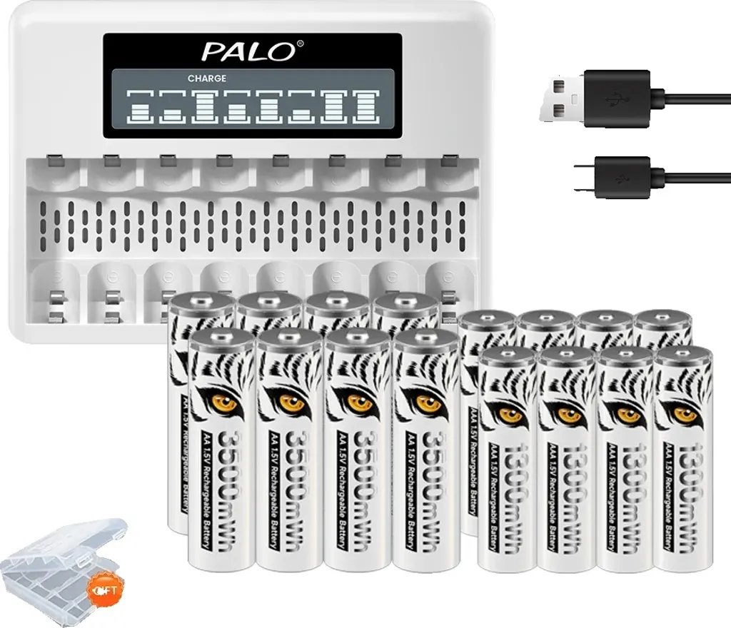 PALO Kit Batterie Ricaricabili Litio 1.5V AA 3500mWh e AAA 1300mWh + Caricatore