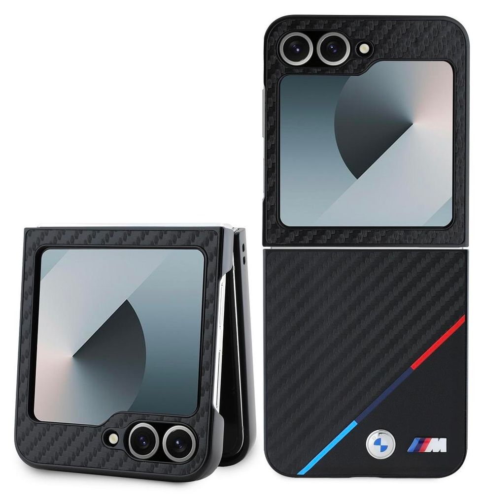A flip phone case with a carbon fiber texture and BMW branding, shown in both open and closed states.