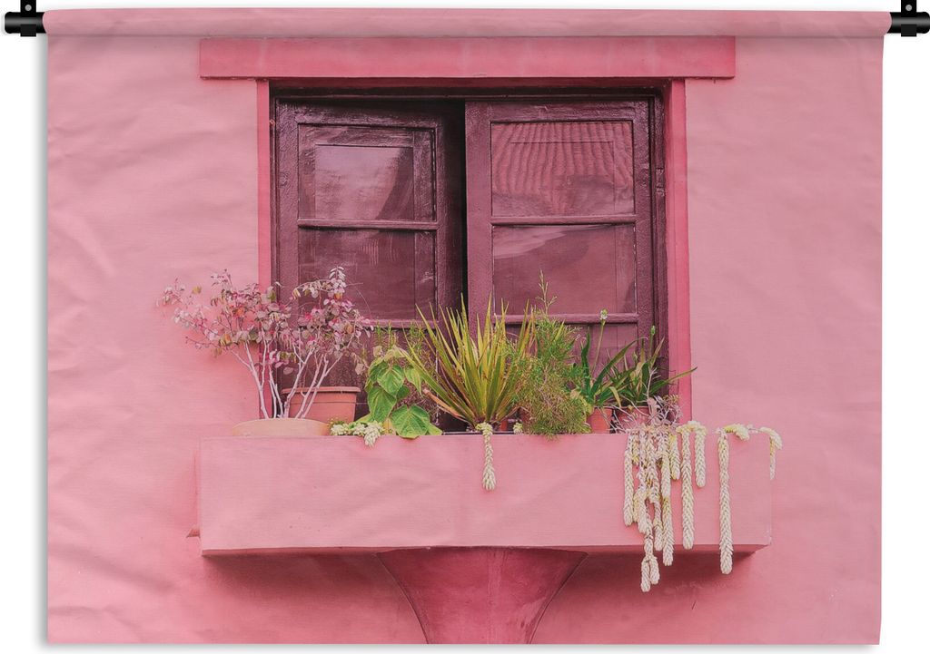 MuchoWow Wandteppich Wandbehang Fenster - Pflanzen - Rosa - Pflanzgefäß 90x67.5 cm Tapisserie Dekoration Wandtuch - Fototeppich - Wand-Skulpturen