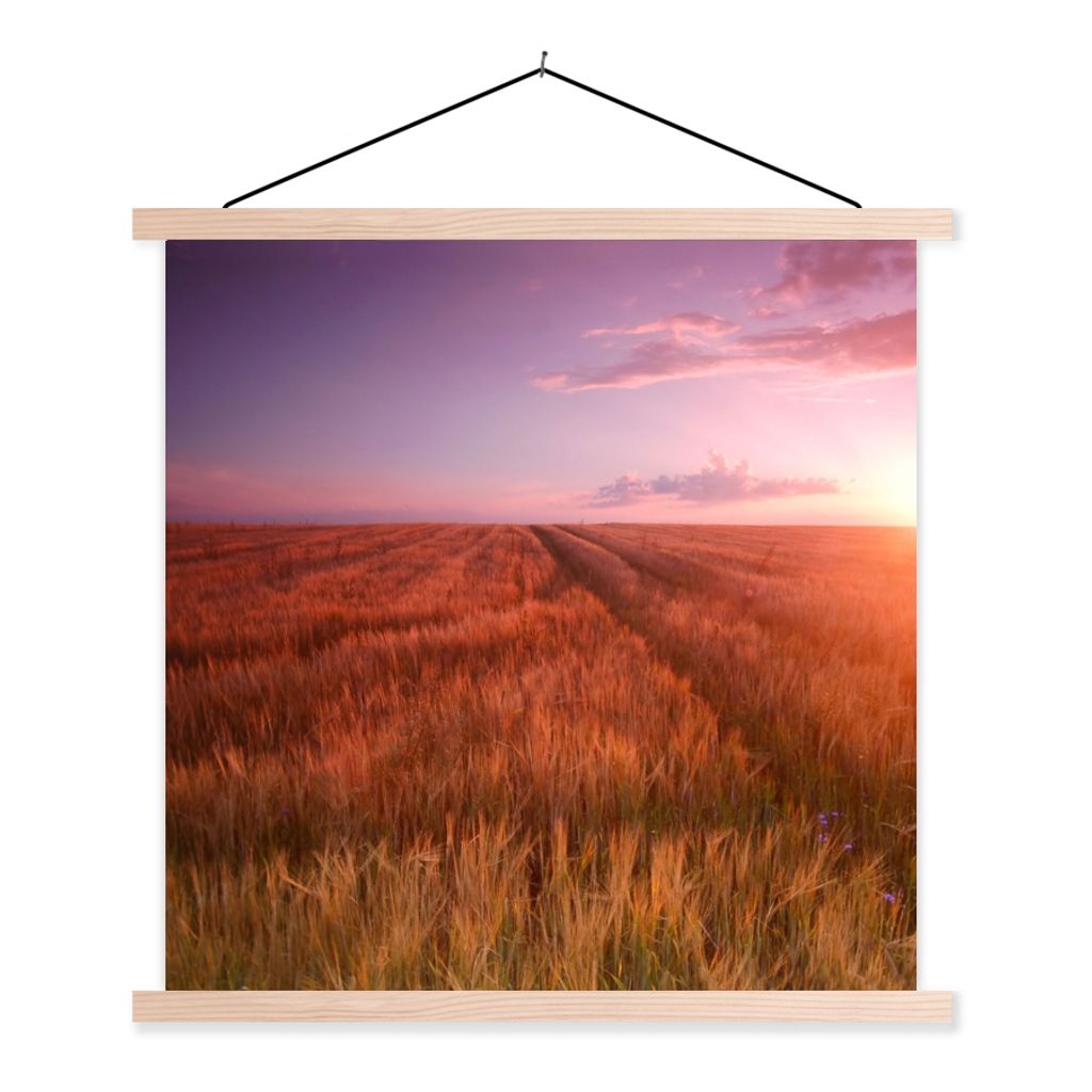 MuchoWow Textilposter Wiese - Sonne - Abend - Landschaft 120x120 cm mit holzfarbenen Rahmen - Textil-Poster