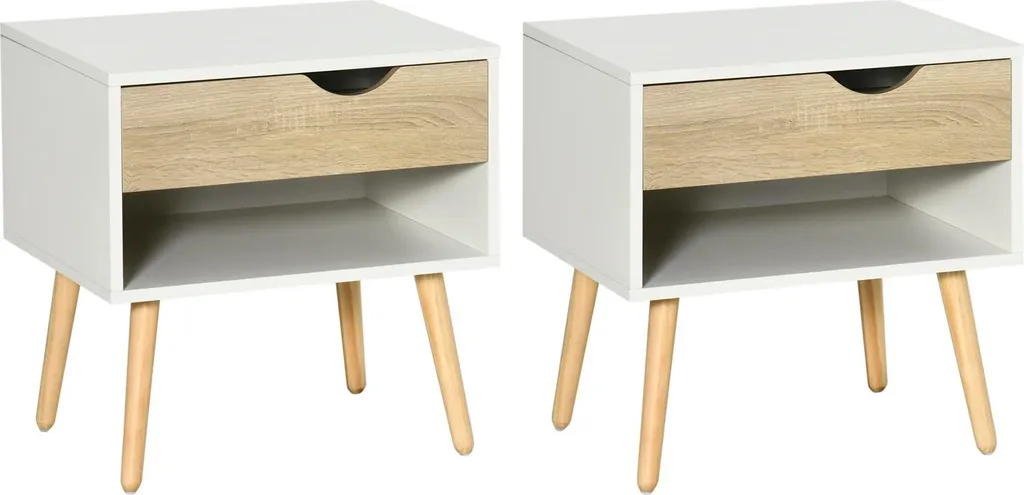 Table de Nuit Design Blanc et Bois avec Tiroir - Lot de 2 Unités Chic