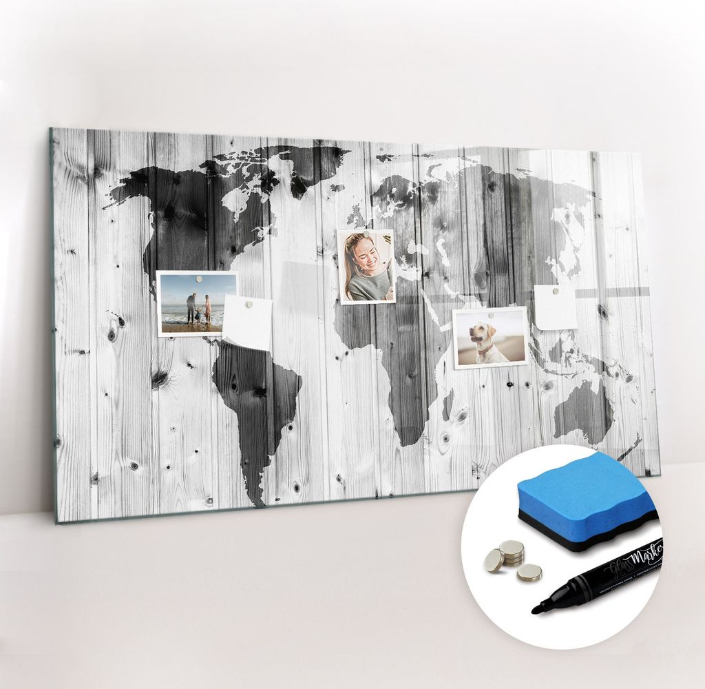 Magnetpinnwand Memoboard - Zubehörsatz - Schwarzer Marker + Schwamm + Magnete - 120 x 60 cm - Weltkarte auf Holz