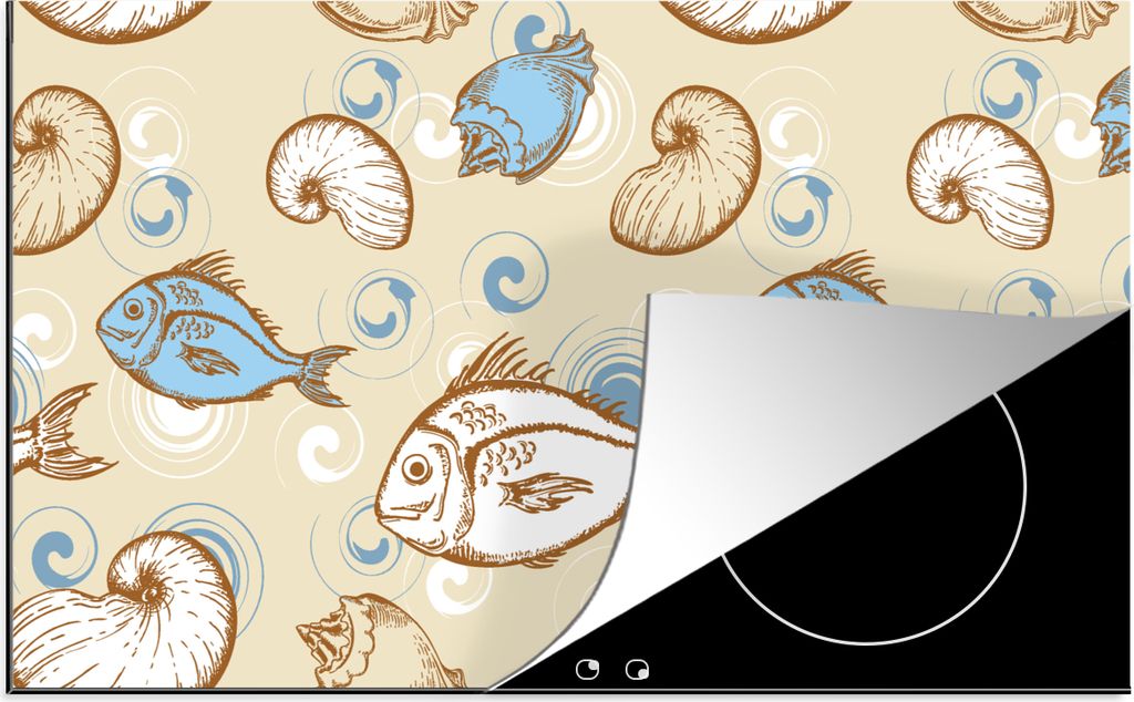 KitchenYeah Herdabdeckplatte Fisch - Muscheln - Pastell - Design - Vintage , 91x52cm, Küche Deko, Glaskeramikfeld Herdabdeckung, Abdeckplatte f...