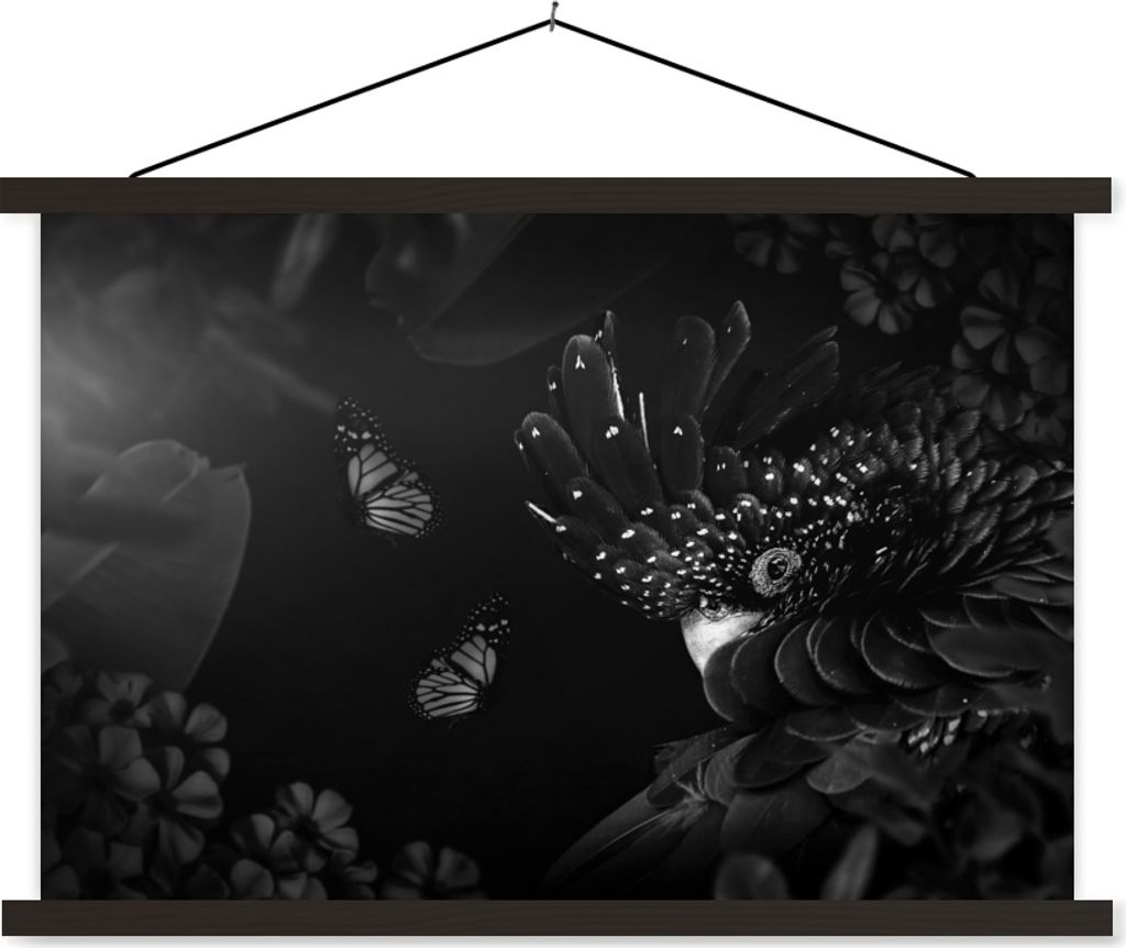 MuchoWow Textilposter Vogel und Schmetterlinge im Dschungel - schwarz und weiß 60x40 cm mit schwarzem Rahmen - Hölzernes