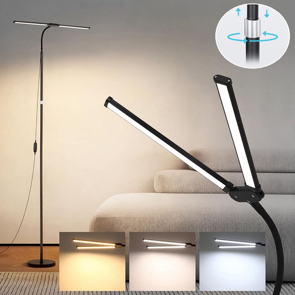 LED Stehlampe Dimmbar 3 Lichtfarben,Leselampe Höhenverstellbar Flexibel Lampenarm, Ecklampe Doppelkopf 144LEDs 18W für Wohnzimmer Arbeitszimmer B...