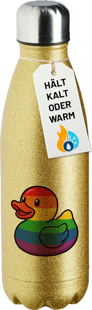 Huuraa Trinkflasche Quietscheente LGBTQ Pride Comic Gummiente 500ml Gold Edelstahl Wasserflasche Trinkflasche Geschenkidee