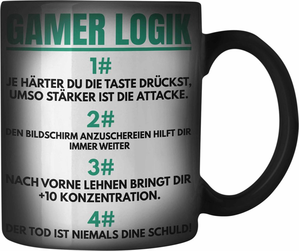 Trendation - Gamer Logik Farbwechsel Zauber-Tasse Geschenk für Jungs Jungen Geschenkidee zum Geburtstag Lustiger Spruch (Schwarz)